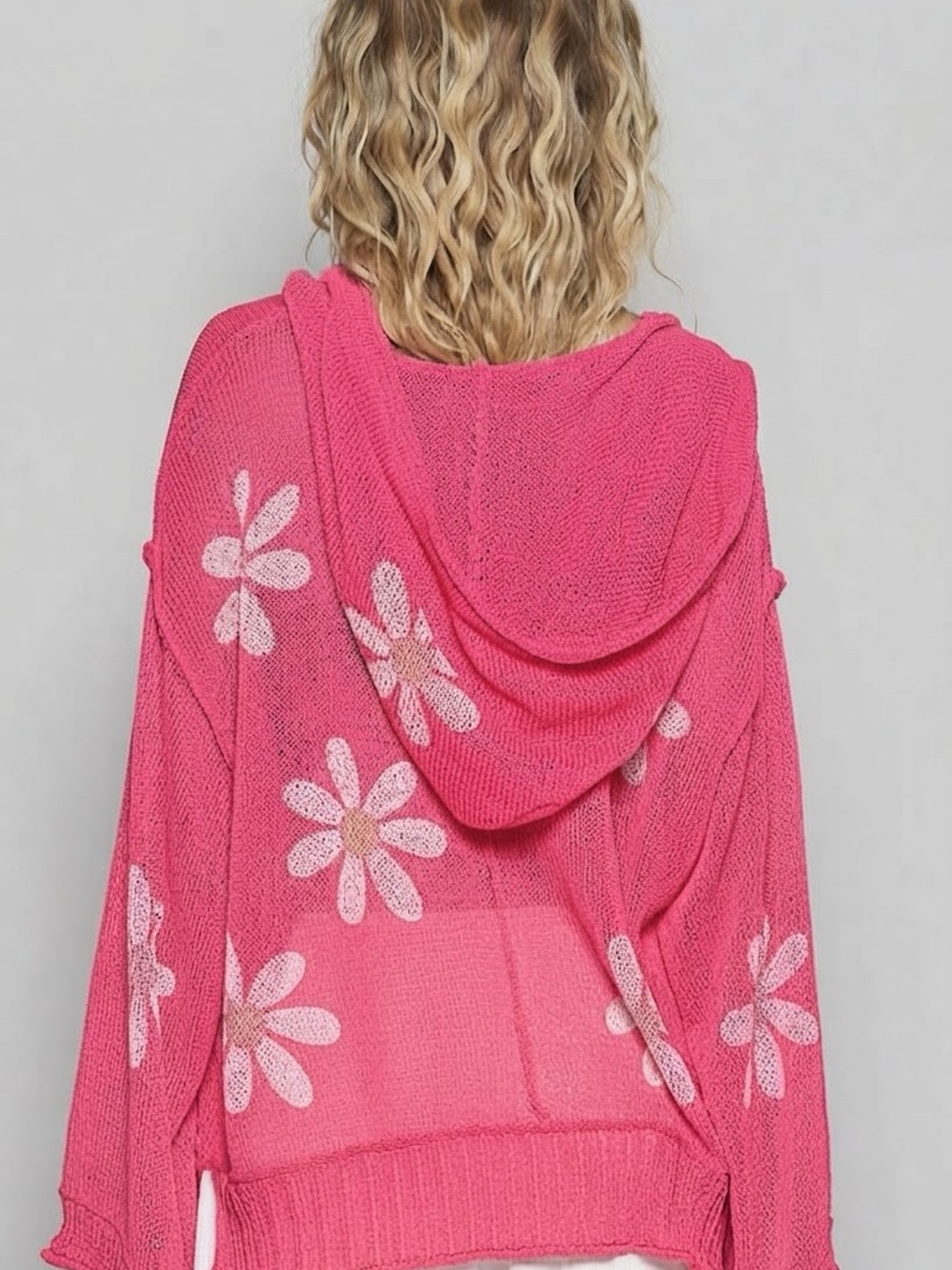 POL Brand New Daisy Flower V Neck Knit Hoodie Boho Oversized Sweater Size Small - Picture 3 of 5